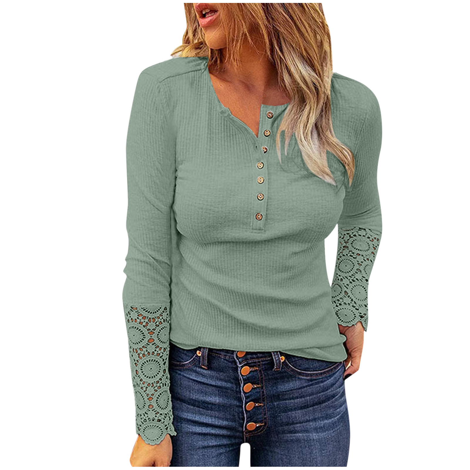 thumbnail image 1 of Camisa túnica de manga larga con cuello en V y botones delanteros para mujer, blusa lisa de poliéster, informal de otoño, tallas US S-XXL, aviso de medición manual, 1 of 3